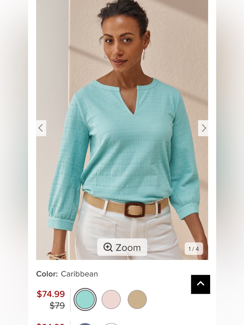 J Jill Caribbean Crinkle Texture Split-Neck 3/4 Sleeve Top Large Tall NWT